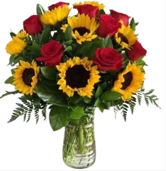 Vase Arrangement with Red Roses & Sunflowers