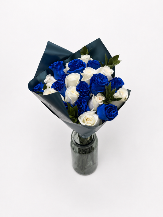 Blue and White Roses Vase Arrangement